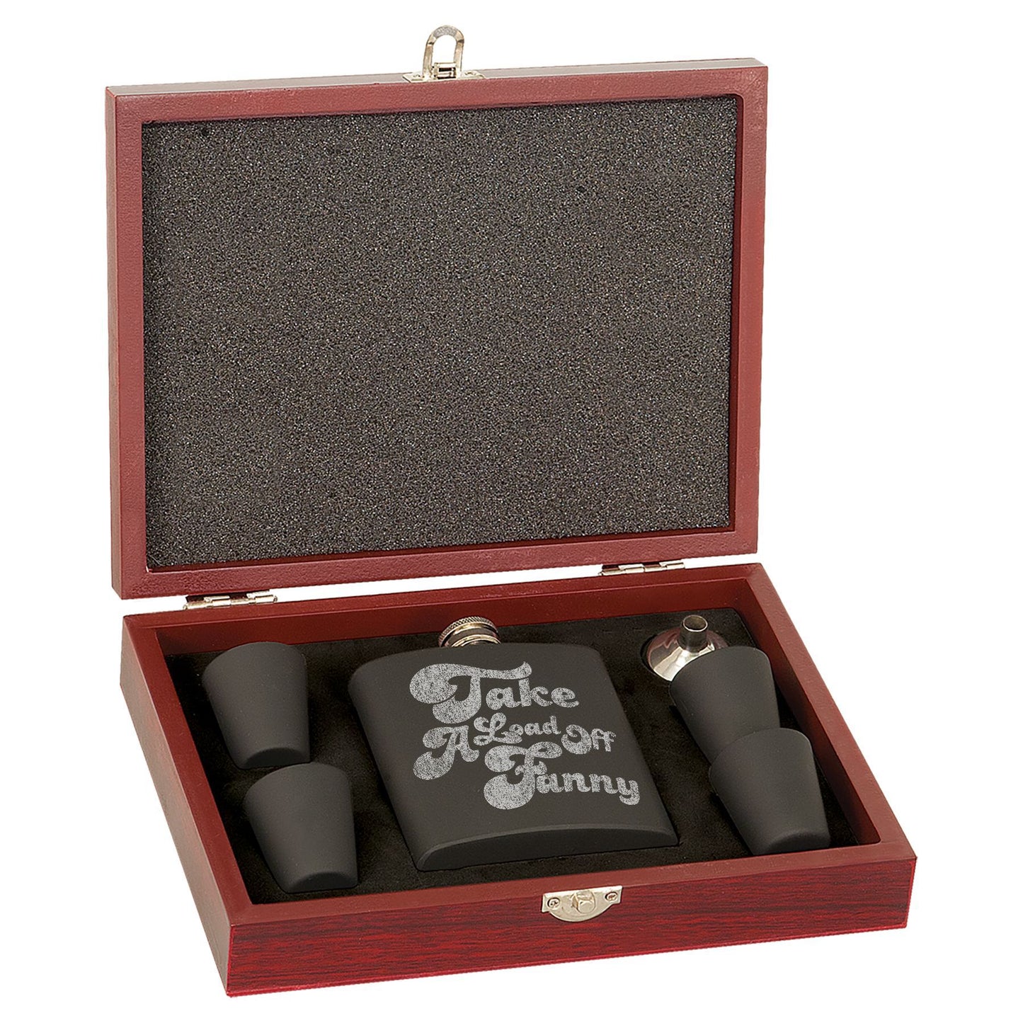 Take A Load Off Fanny Laser Engraved Flask Set In Wooden Box
