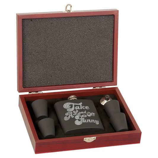Take A Load Off Fanny Laser Engraved Flask Set In Wooden Box