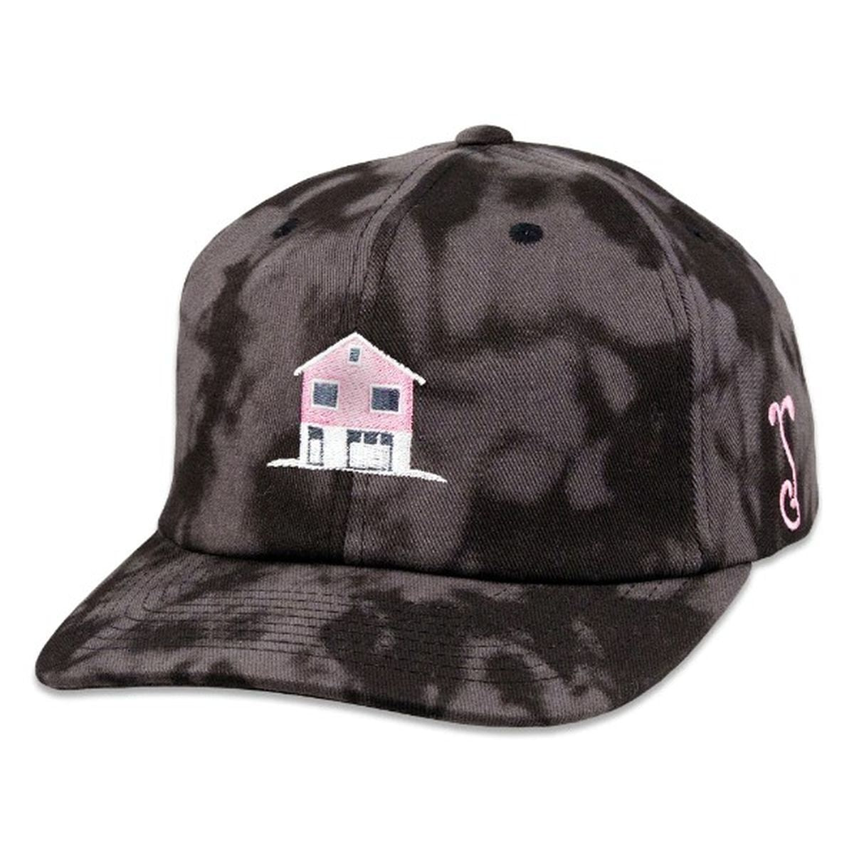 Black tie-dye cap with a small pink house design on a white background